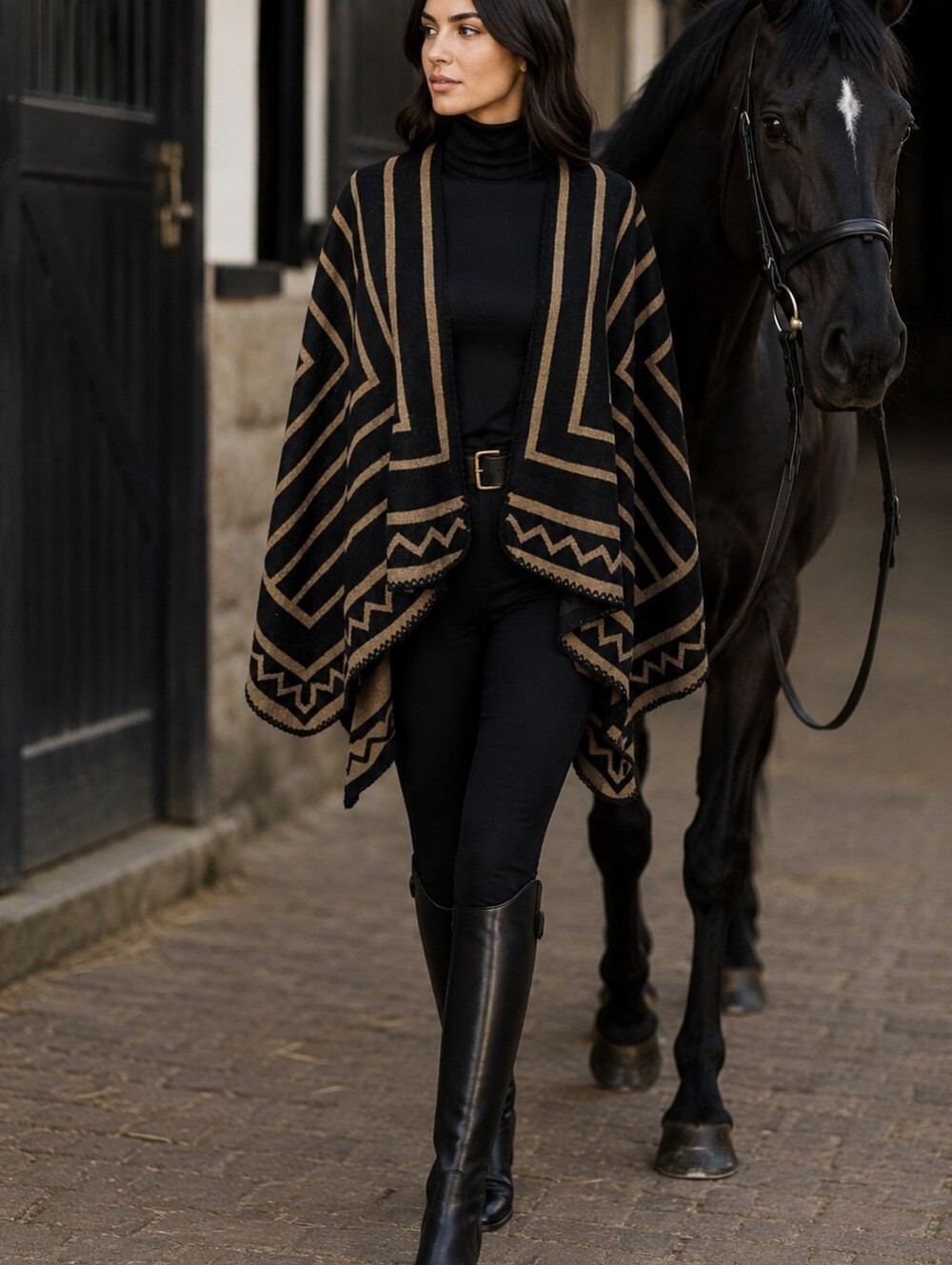 Bohemian Southwestern Poncho Wrap Black Tan Bold Geometric Aztec Pattern Cape